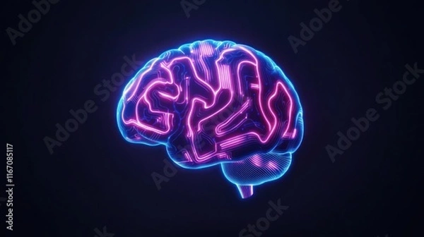 Fototapeta Neon brain illustration with glowing pathways on a dark background.