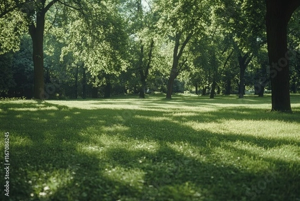 Obraz Beautiful green grass in the park with trees and a sunlit background, captured with a wide-angle lens.color grading, soft shadows, and a clean, sharp focus digital backdrop. This is a high-quality