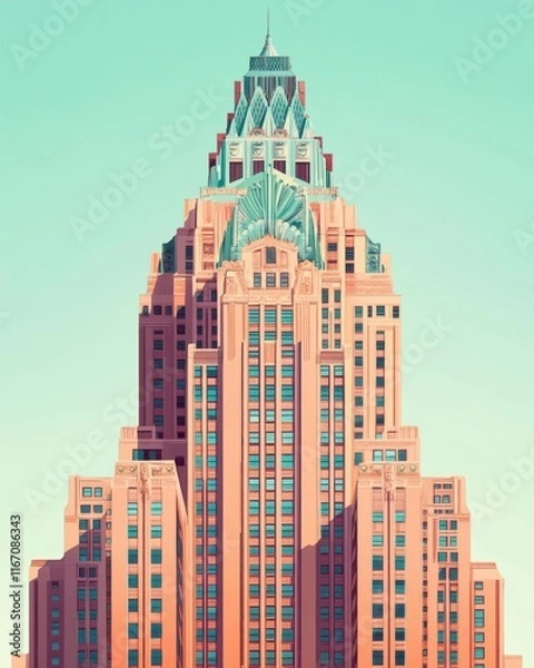 Fototapeta A stylized depiction of an art deco skyscraper with vibrant colors.