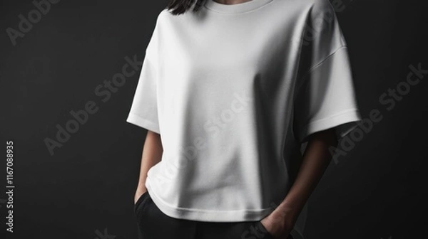 Obraz Model girl wearing a plain white mockup shirt on dark black background, moody studio lighting, sharp contrasts, expressive look, creative atmosphere, minimalistic design, refined fabric textures