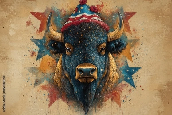 Fototapeta American Bison in Festive Hat Celebrating 4th of July with Stars and Stripes Doodles