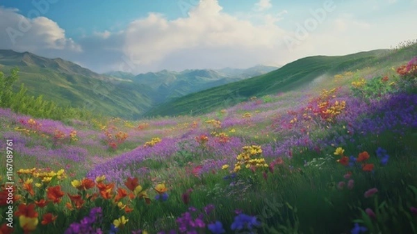 Fototapeta A colorful field of wildflowers in full bloom, surrounded by rolling green hills under a blue sky.