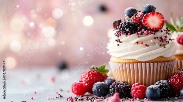 Fototapeta Delightful Berry Cupcake with Creamy Frosting, Sprinkles, and Fresh Fruit.