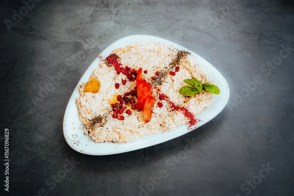 Obraz Baba Ganoush Garnished with Pomegranate and Mint