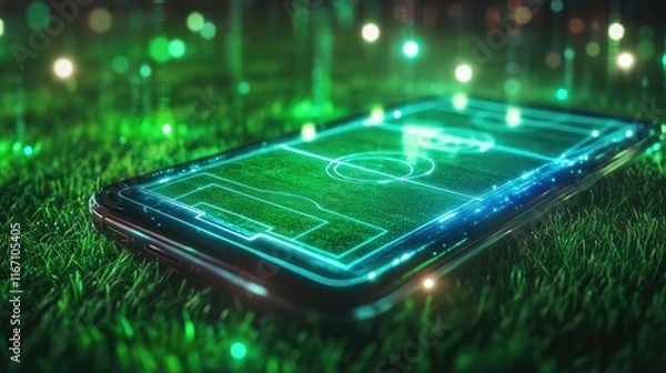 Fototapeta Smartphone on a grass surface with a futuristic digital football field and glowing lights emerging from the screen.