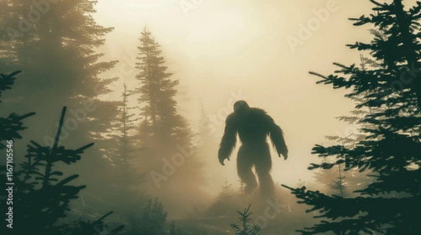 Obraz Mysterious Sasquatch Silhouette in Foggy Forest with Towering Trees and Soft Natural Light. Enigmatic Wildlife Encounter in Dense Woodland Setting.