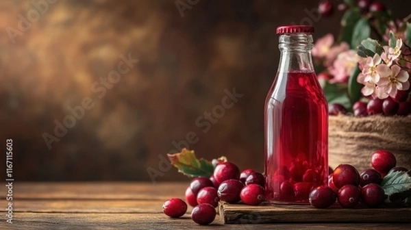 Fototapeta Delightful cranberry drink in a glass bottle surrounded by fresh cranberries and floral decor