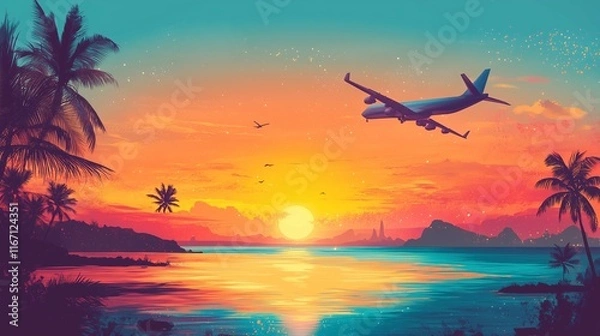 Obraz A travel agency promotional poster with exotic destinations and airplanes in vibrant colors