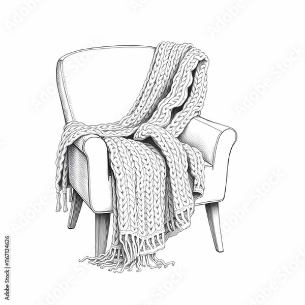 Obraz Cozy Armchair with Blanket: A hand-drawn illustration of a plush armchair draped in a soft blanket, evoking a sense of warmth, relaxation, and homey comfort.  