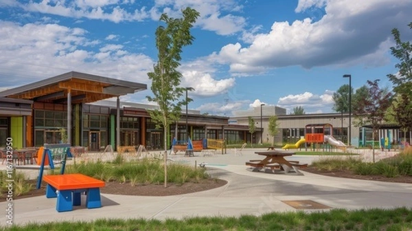 Fototapeta A vibrant community center nestled in a suburban neighborhood, serving as a hub for communal activities and local gatherings