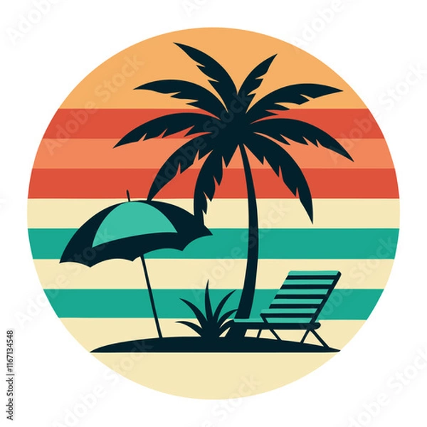 Obraz Retro tropical beach logo with a palm tree, umbrella, and sunset stripes, perfect for summer and vacation themes.