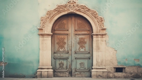 Fototapeta Hand-carved wooden door with a vintage look, space on the left, soft natural light, soft teal background,generative ai illustration