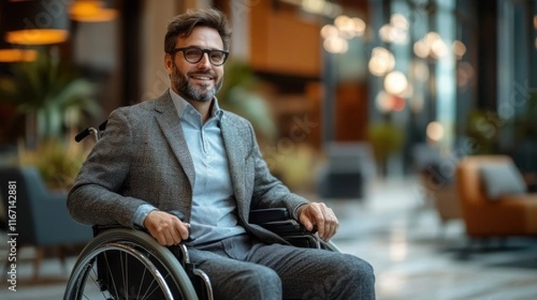Fototapeta Confident man enjoying a moment in a modern urban hotel lobby while seated in a wheelchair during daylight hours