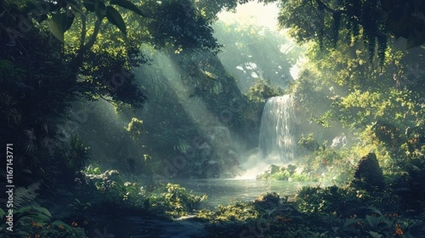 Fototapeta Serene Tropical Landscape with Lush Forest and Tranquil Waterfall