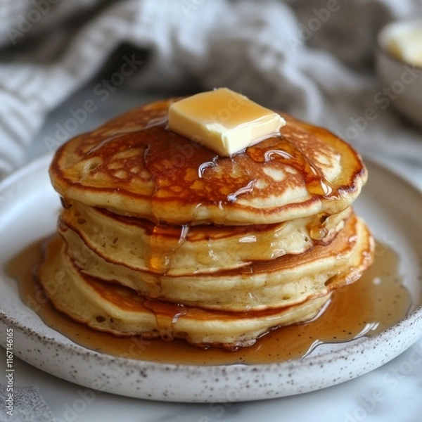 Fototapeta Buttery Stack of Fluffy Pancakes Drizzled with Maple Syrup