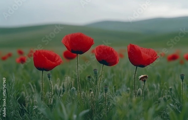 Fototapeta Bright red poppies bloom in a grassy field under a cloudy sky at dawn