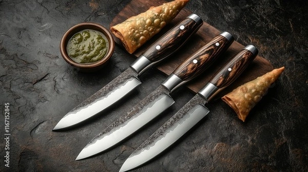 Obraz Three Elegant Damascus Steel Knives with Samosas and Dip