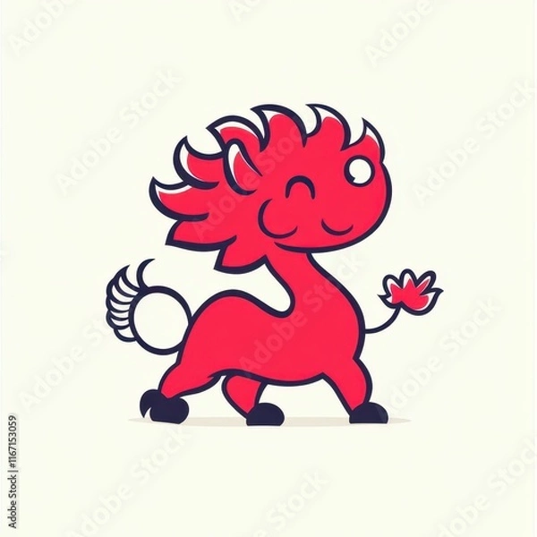 Fototapeta Playful Cartoon Character with Lion Features and a Cheerful Expression, Ideal for Children’s Illustrations and Fun Designs, Bright Red Color Palette on a Soft Background
