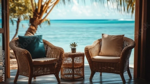 Fototapeta Cozy tropical balcony with wicker furniture and stunning ocean view promoting relaxation and tranquility in a luxurious setting