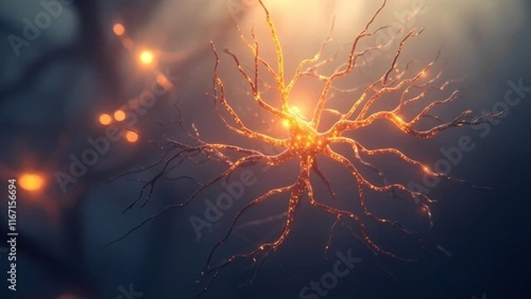 Fototapeta A branch of glowing neurons on a blurred background, symbolizing neural processes