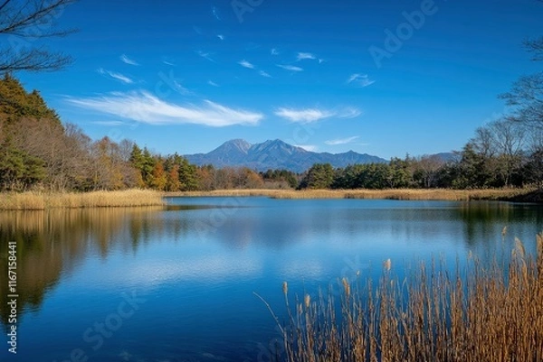 Fototapeta A beautiful photograph of Mount Fuji with its reflection on the lake, a blue sky, and a minimalist style. The image is high resolution, high quality, and high in detail, with a sharp focus and no blur