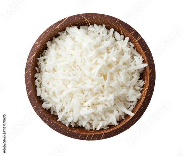 Obraz Top view of shredded coconut in a rustic wooden bowl, placed against a black background for contrast and texture.