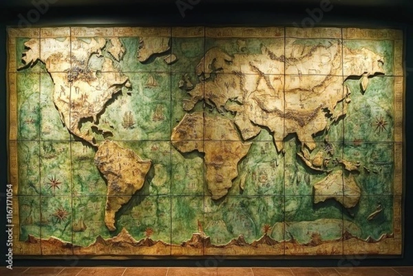 Obraz Ancient world map, tiled, textured, nautical details.