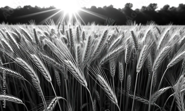 Obraz Sunlit wheat field at dawn with dramatic sunburst