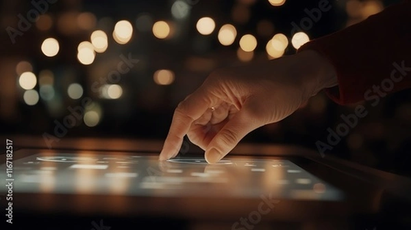 Fototapeta hand interacting with touchscreen interface in modern setting, illuminated by soft bokeh lights, showcasing technology and innovation