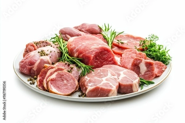 Fototapeta Raw meat cuts, herbs, spices, plate.