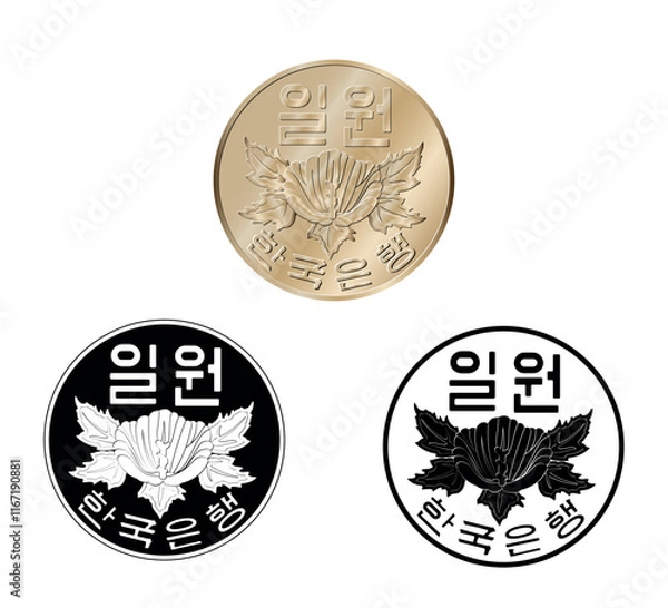 Fototapeta South Korea, 1 won, 1967. Obverse of South Korea one won coin. The coin is depicted in black and white. Vector illustration.