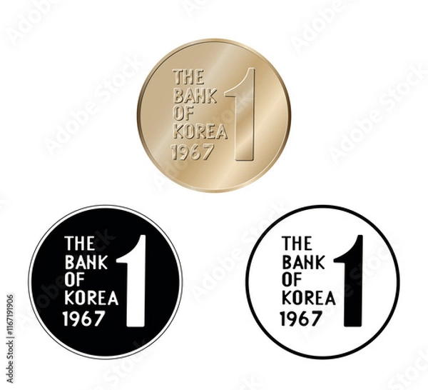 Fototapeta South Korea, 1 won, 1967. Reverse of South Korea one won coin. The coin is depicted in black and white. Vector illustration.