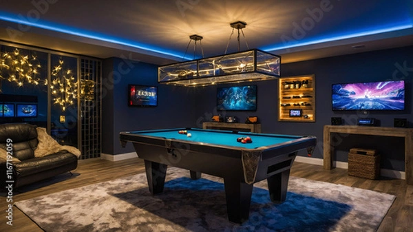 Fototapeta Game room featuring modern gaming setups and LED lights
