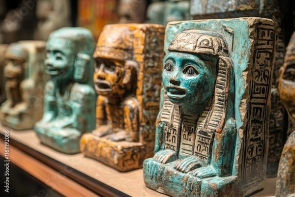 Fototapeta Ancient figurines, carved stone, colorful, weathered, display.