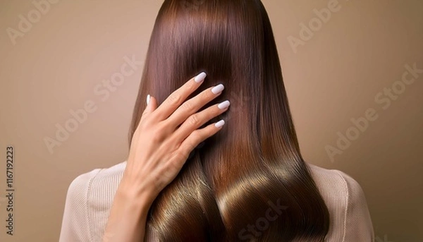 Obraz hand delicately touches long glossy brown hair showcasing its natural texture against a beige background a beauty product is subtly visible