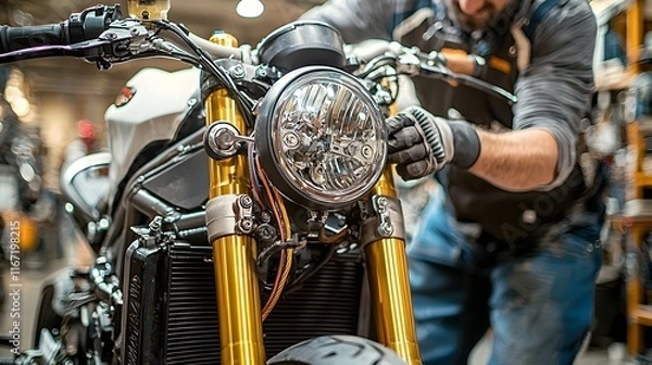 Obraz Skilled Motorcycle Mechanic Closely Examining and Repairing the Throttle and Cables of a Motorcycle in a Well Equipped Bike Workshop or Garage Setting