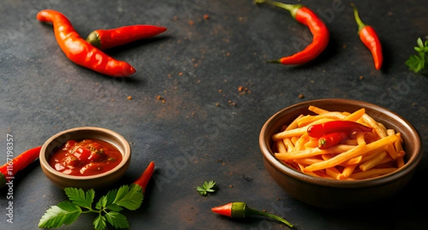 Fototapeta spice and flavor, a vibrant still life of chilies, fries, and salsa