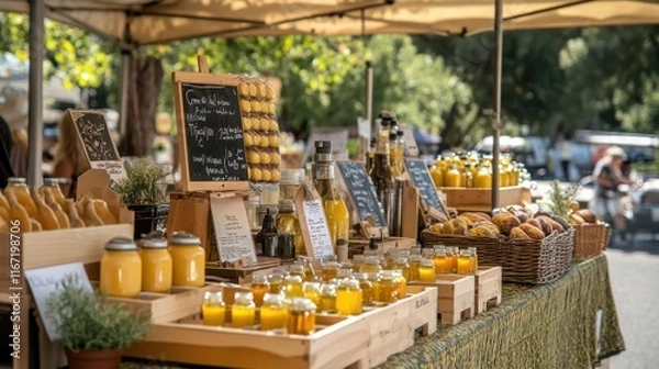 Obraz Farmers market showcases handmade oils and herbs during a sunny afternoon, inviting shoppers to explore local produce and artisanal goods
