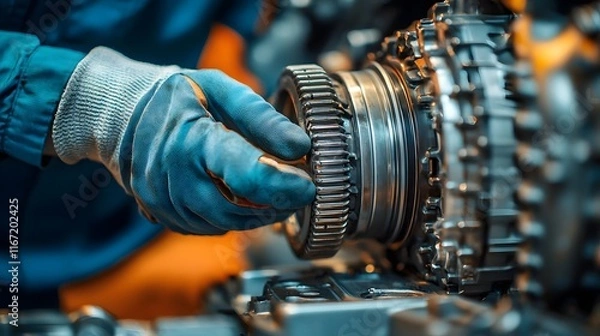 Obraz Close up of a blue collar mechanic wearing safety gloves and a blue uniform while carefully inspecting the transmission of a car in an auto repair workshop or garage