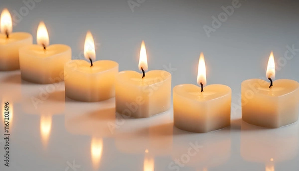 Fototapeta Row of Burning Heart-Shaped Candles, The warm glow of the flames creates a peaceful and romantic ambiance.