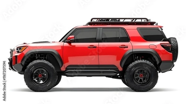 Fototapeta Off-road SUV, rugged design, bright red body, black accents, lifted suspension, all-terrain tires, roof rack, side profile view, white background, adventure vehicle, compact yet powerful, 4x4, outdoor