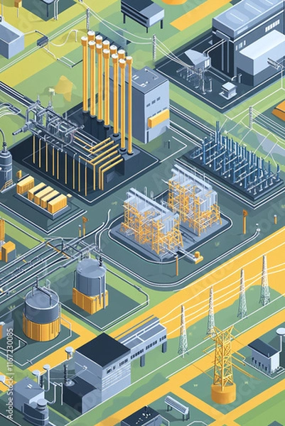 Fototapeta Isometric view of a high-voltage power station connected to a smart grid showing engineering details.
