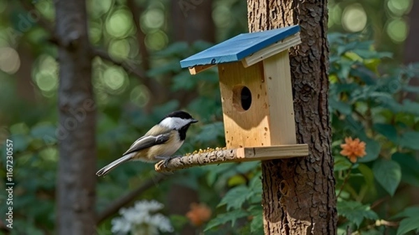 Fototapeta Bird Feeder attatched to a tree trunk
