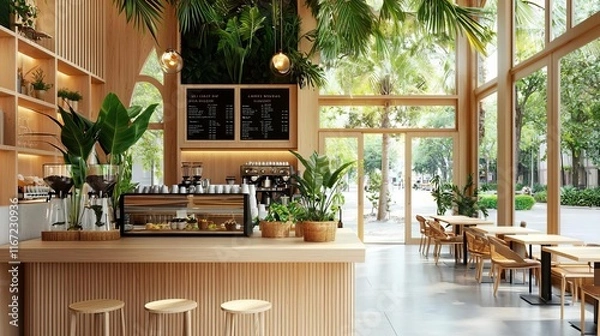 Fototapeta Biophilic design urban minimalism concept. Modern café interior with natural elements and large windows.