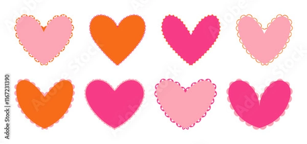 Fototapeta Valentine Scalloped edge heart shapes set. hand drawn vintage frill ornament. Fabric laces and ribbons frame. Heart shape frame badge set.