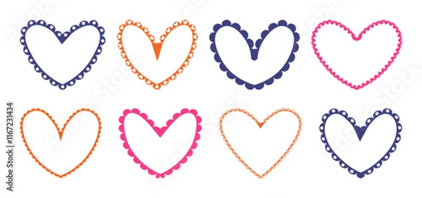 Fototapeta Valentine Scalloped edge heart shapes set. hand drawn vintage frill ornament. Fabric laces and ribbons frame. Heart shape frame badge set.