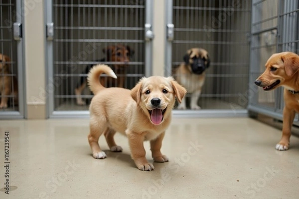 Fototapeta A playful puppy in a kennel, wagging its tail and looking excited. Nearby, other kennels have dogs peeking out, creating a lively atmosphere