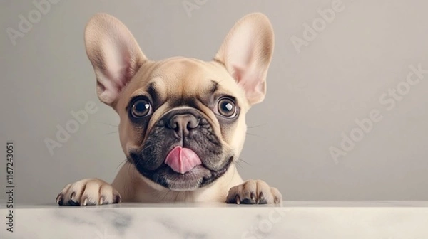 Fototapeta Curious French Bulldog Puppy Peeking Over Marble Table with Cute Hungry Expression
