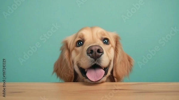 Fototapeta Curious Golden Retriever Puppy Peeking Over Wooden Table with Hungry Expression