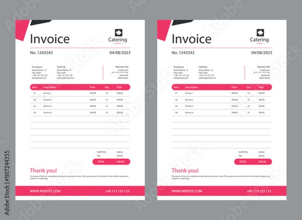 Fototapeta Business Invoice template. Professional payment agreement layout, corporate bill spreadsheet receipt and invoices for customer vector set of payment form document, receipt tax or bill illustration
